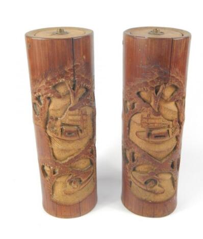 A pair of Chinese carved bamboo brush pots