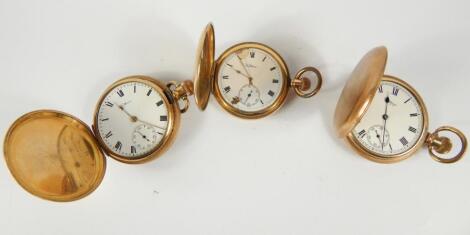 Three Waltham gentleman's gold plated hunter cased pocket watches, each with enamel dial bearing Roman numerals, subsidiary seconds dial, keyless wind.