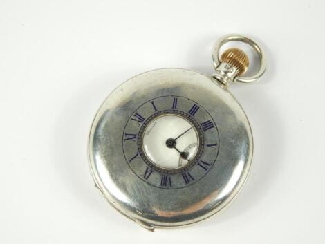 An Edward VII silver gentleman's half hunter cased pocket watch, keyless wind, enamel dial bearing Roman numerals, subsidiary seconds dial, Waltham movement, for Riddels Limited, Belfast, Birmingham 1909.