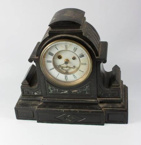 A French late 19thC slate and green veined marble mantel clock