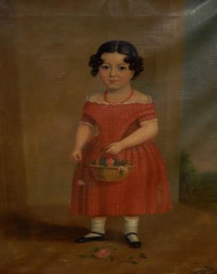 19thC British School. Portrait of a young girl holding a basket of roses