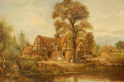 Becker (19thC). Inn scene with figures and horses