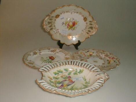 A 19thC porcelain boat shape dish with pierced borders and moulded shell handles