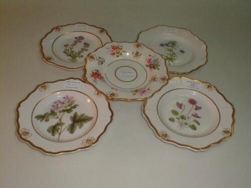 Five late 18thC porcelain botanical dessert plates each with differing