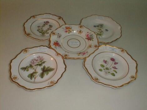 Five late 18thC porcelain botanical dessert plates each with differing