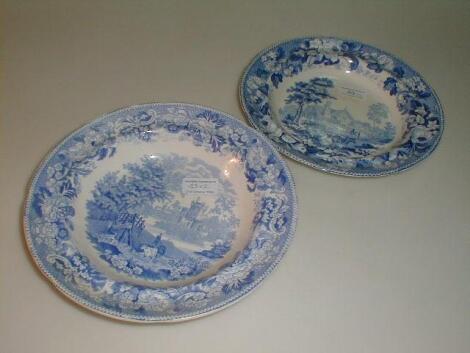 A 19thC pottery soup plate printed in blue with a view of Hexham Abbey