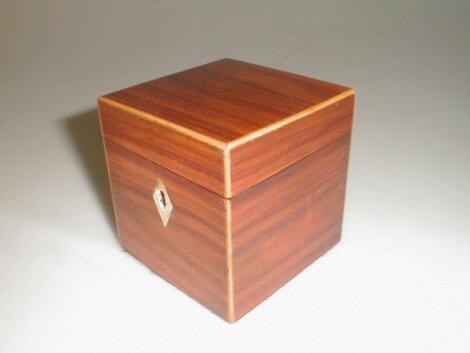 A 19thC tulipwood small caddy of square form with satinwood banding