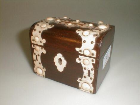 A 19thC rosewood money box of oblong form decorated with bone strapwork 4£" wide