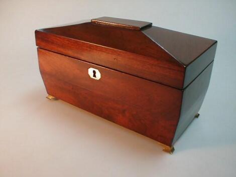 A 19thC mahogany tea caddy of sarcophagus form