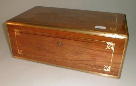 A 19thC solid rosewood writing slope with brass banding and details