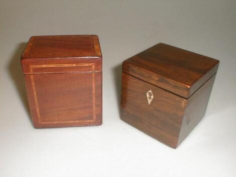 A 19thC mahogany small tea caddy of oblong form with inlaid banding