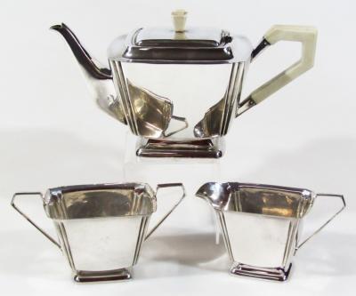 A mid 20thC Art Deco silver plated three piece tea service