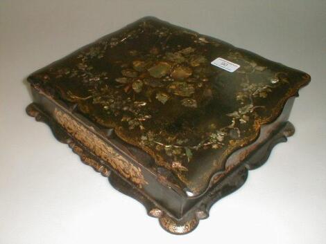 A Victorian papier mache writing slope inlaid with abalone mother of pearl