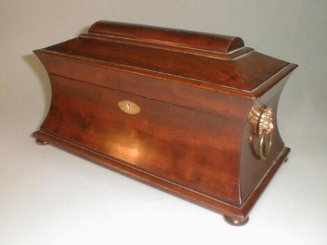 A 19thC mahogany tea caddy of sarcophagus form fitted to each side with