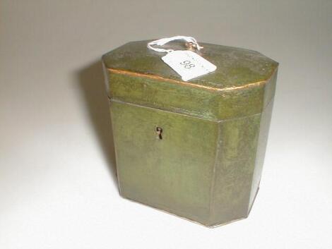 A 19thC green painted tin caddy of irregular octagonal form