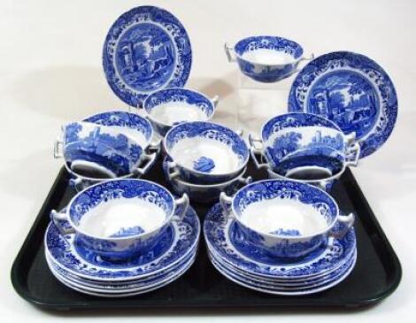 Twelve Copeland Spode Italian blue and white soup bowls and saucers