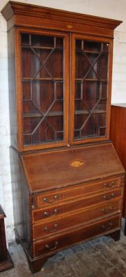 An Edwardian mahogany and boxwood strung bureau bookcase