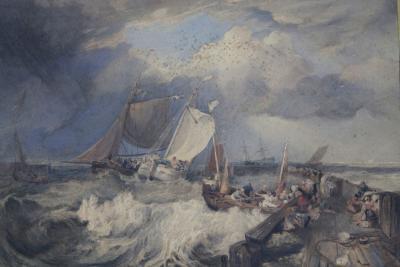 19thC English School. Boats on stormy seas with clouds gathering