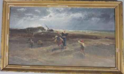 Jean-Amedee Baudit (1825-1890). Figures on a coast with shipwreck and storm gathering