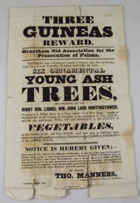 An 1840 Grantham Three Guineas Reward Prosecution Of Felons paper advert