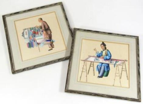 Chinese Canton School (19thC). Figure holding basket aside stand and lady embroidering a panel