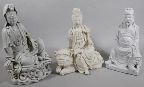 Three various 20thC Chinese semi porcelain blanc-de-chine figures