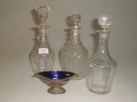 Three 19thC mallet shaped decanters and a plated salt with blue glass liner