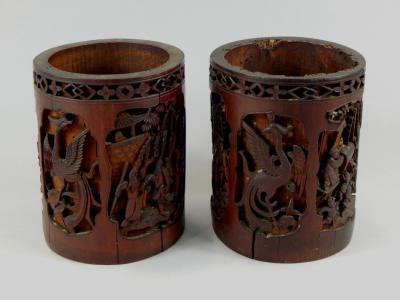 A pair of late 19th/early 20thC Chinese bamboo brush pots