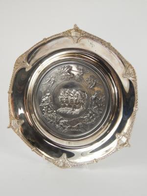 A silver salver commemorating 150 years since the Battle of Waterloo