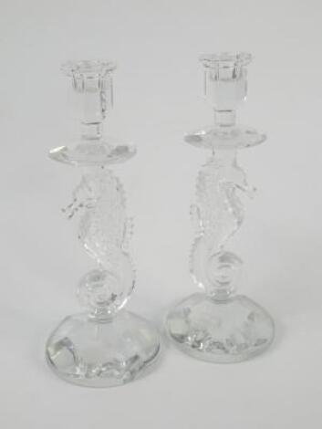 A pair of Waterford cut glass Seahorse candlesticks