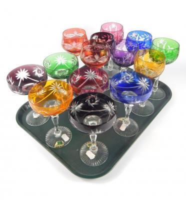 A set of six Continental varicoloured flashed glass hock glasses