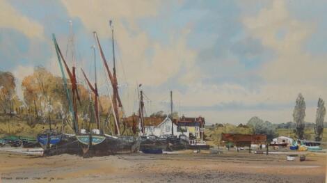 Michael Norman (British 20thC). Thames Barges lying at Pin Mill