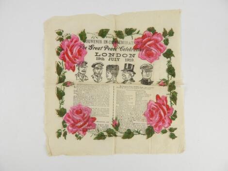 A WWI souvenir paper napkin in commemoration of The Great Peace Celebration In London