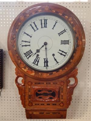 An American walnut and marquetry inlaid late 19thC wall clock