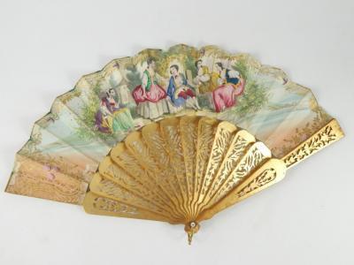 A French 19thC gilt lacquer and paper fan