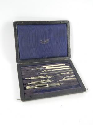 A set of Stanley steel and ivory drawing instruments