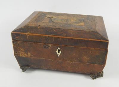 A Regency lacquered yew wood and boxwood line inlaid sarcophagus box