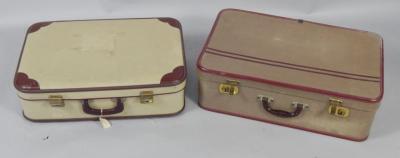 Two 1950's fabric and red leatherette suitcases