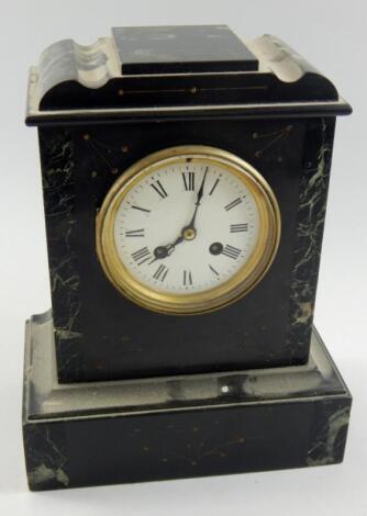 A French late 19thC black slate and variegated marble mantel clock