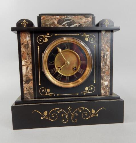 A French late 19thC black slate and variegated marble mantel clock