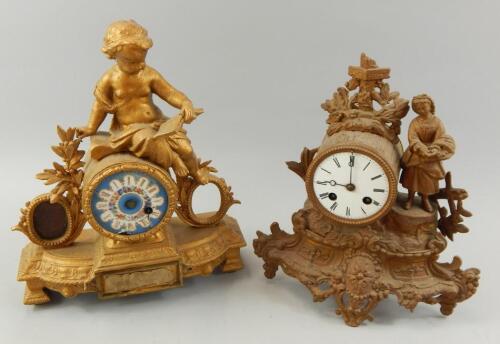 Two late 19thC French gilt metal figural mantel clocks