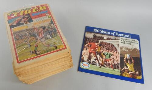 A quantity of Tiger and Scorcher comics and various Esso 100 years of football promotional medallion