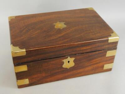 A Victorian walnut and brass bound writing box