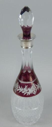 A modern ruby flash cut glass decanter and stopper