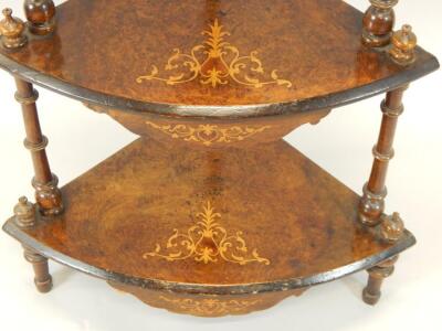 A late Victorian burr walnut and marquetry four tier corner what-not - 3