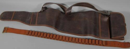 A leather 12 bore cartridge belt and a gun sleeve. (2)