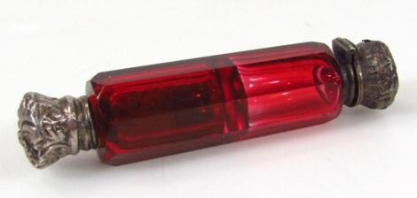 A Victorian cranberry glass double ended scent bottle