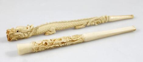 Two late 19thC Chinese ivory cheroot holders