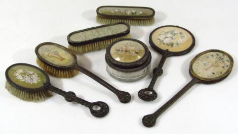 Various early 20thC matched filigere and petit point dressing table items