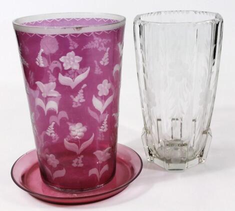 An early 20thC etched and pink glass vase